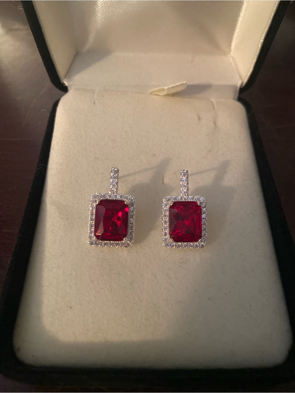 Elegant Red Halo Drop Earrings with Pavé Accents